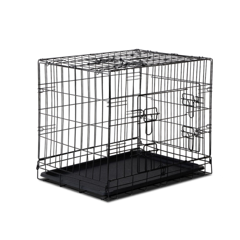 Foldable Dog Cage 24inch Triple Door Metal Pet Crate with Tray Black