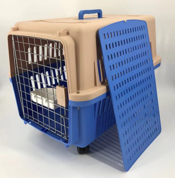 Blue Large Dog Puppy Cat Crate Pet Carrier Cage With Tray  Bowl & Wheel