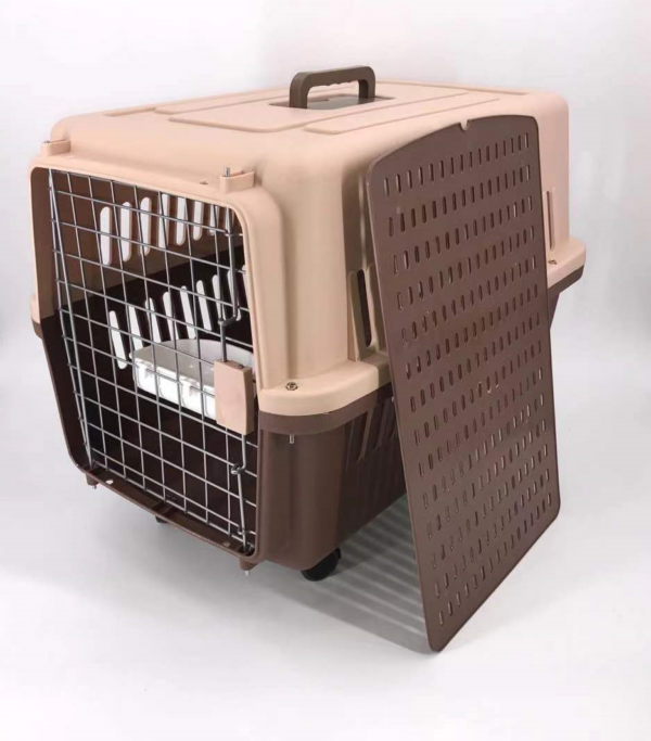 Brown Large Dog Puppy Cat Crate Pet Carrier Cage With Tray  Bowl & Wheel