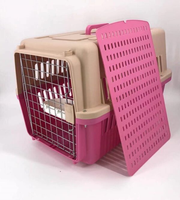 Large Dog Cat Crate Pet Carrier Airline Rabbit Cage With Tray And Bowl Pink