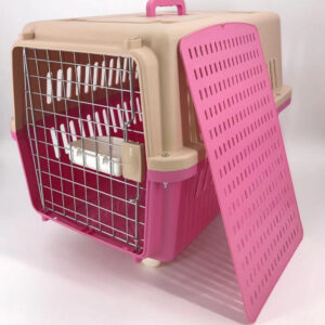 Pink Large Dog Puppy Cat Crate Pet Carrier Cage W Tray  Bowl & Removable Wheels