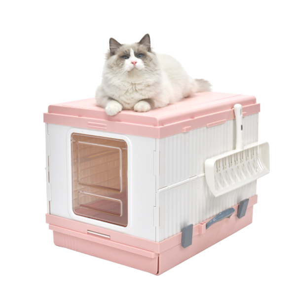 XL Portable Cat Toilet Litter Box Tray Foldable House with Handle and Scoop Pink