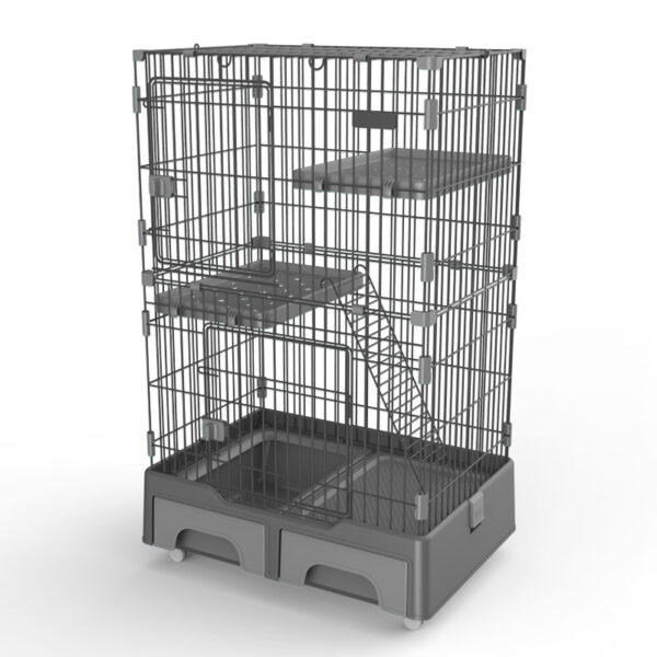 134 cm Grey Pet 3 Level Cat Cage House With Litter Tray And Storage Box