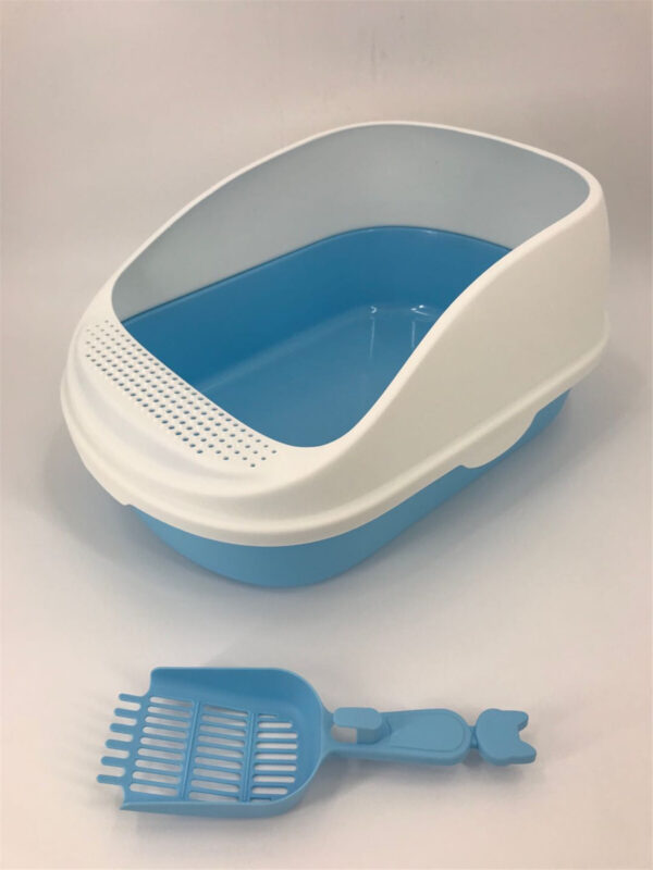 Large Deep Cat Toilet Litter Box Tray High Wall with Scoop Blue