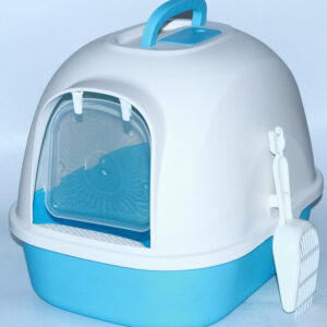 Portable Hooded Cat Toilet Litter Box Tray House with Handle and Scoop Blue