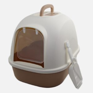 Portable Hooded Cat Toilet Litter Box Tray House with Handle and Scoop Brown