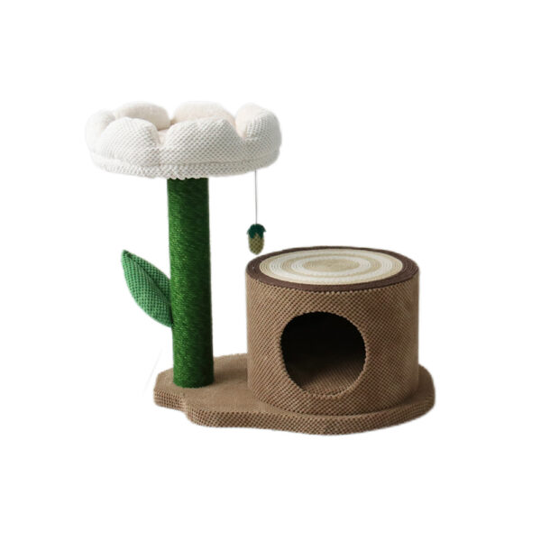 Log Cat House With White Camelia Cat Scratching Tree
