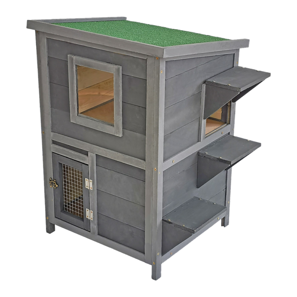 Cat House Weatherproof 2 Story Indoor Outdoor Wooden Shelter Bitumen Roof FSC certified Fir Timber Grey 15kg Capacity 56x52x81cm