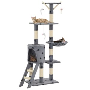 Deluxe Grey Cat Tree Playhouse with Sisal Scratch Posts  Ladder & Toys