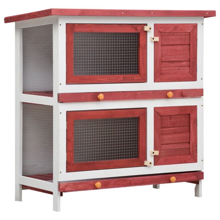 Spacious Red Wooden Rabbit Hutch with Green Roof and Dual Layer Exercise Space