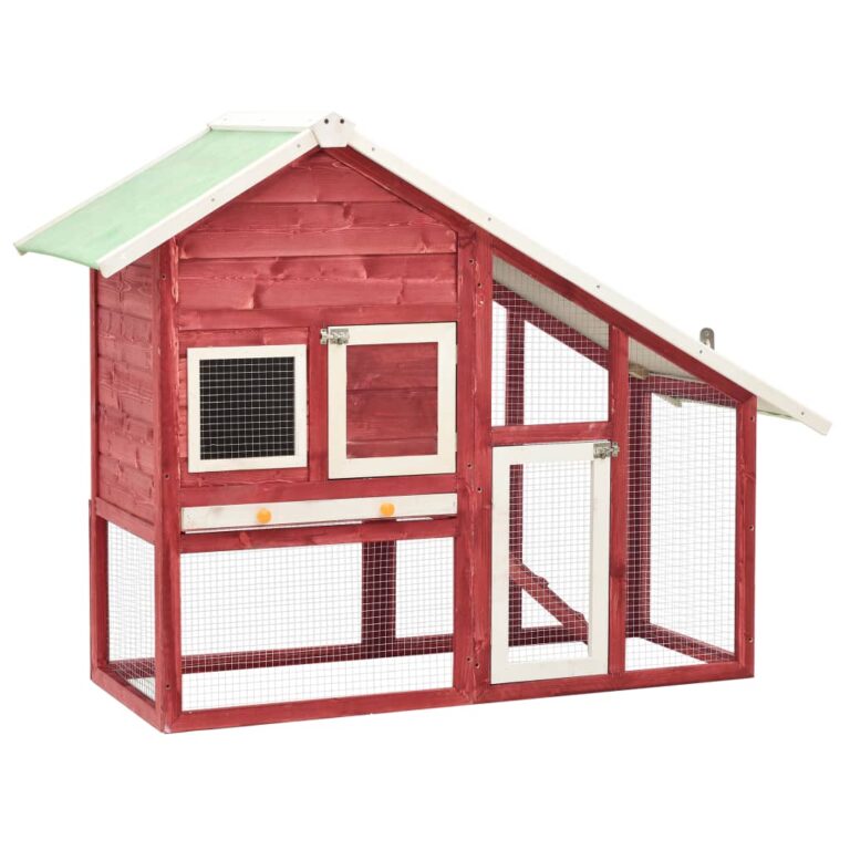 Spacious Red White Wooden Rabbit Hutch Cozy Pet Cage with Ramp and Tray