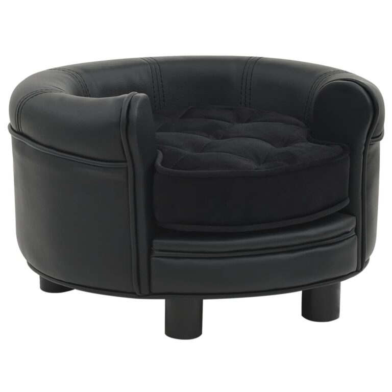 Luxurious Pet Sofa Black Plush Faux Leather Comfortable Washable Cushion Bed