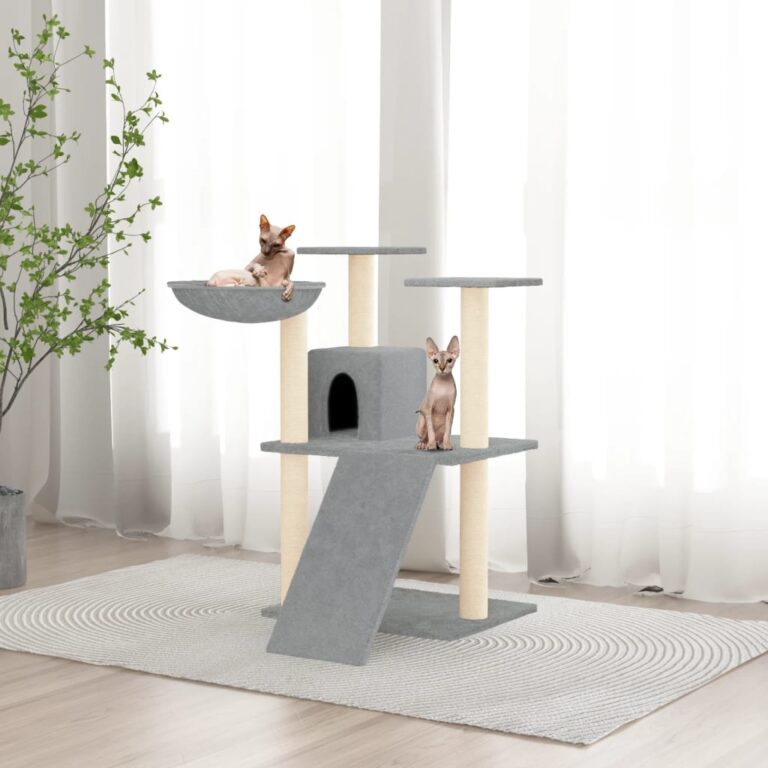 Multi-Level Cat Tree Tower Hammock Scratching Post Sisal Plush Light Grey Perch