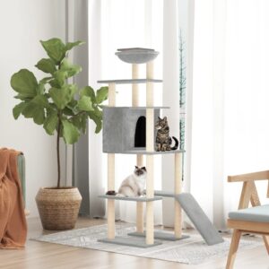 Deluxe Multi-Level Cat Tree Tower Hammock Scratcher Sisal Post Light Grey Plush