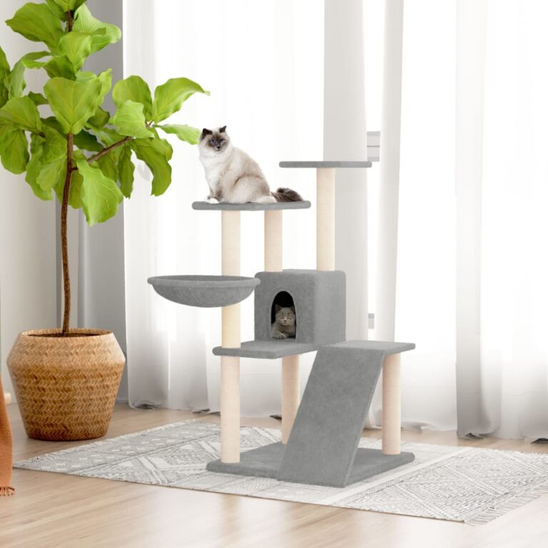 Deluxe Multi-Level Cat Tree Tower Hammock Scratcher Sisal Post Light Grey Plush