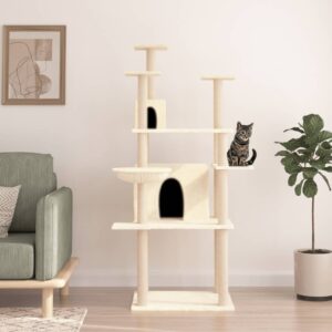 Deluxe Cream Cat Tree Condo Multi-Level Plush Basket Sisal Scratching Posts