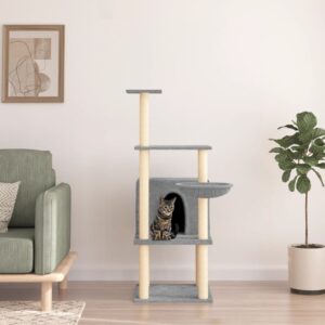 Multi-Level Cat Tree Tower with Sisal Scratching Posts Plush Basket Light Grey