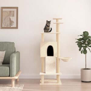 Deluxe Cream Cat Tree Condo Multi-Level Plush Basket Ladder Sisal Scratch Post