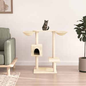 Deluxe Cream Cat Tree Condo Multi-Level Plush Sisal Scratching Posts Basket
