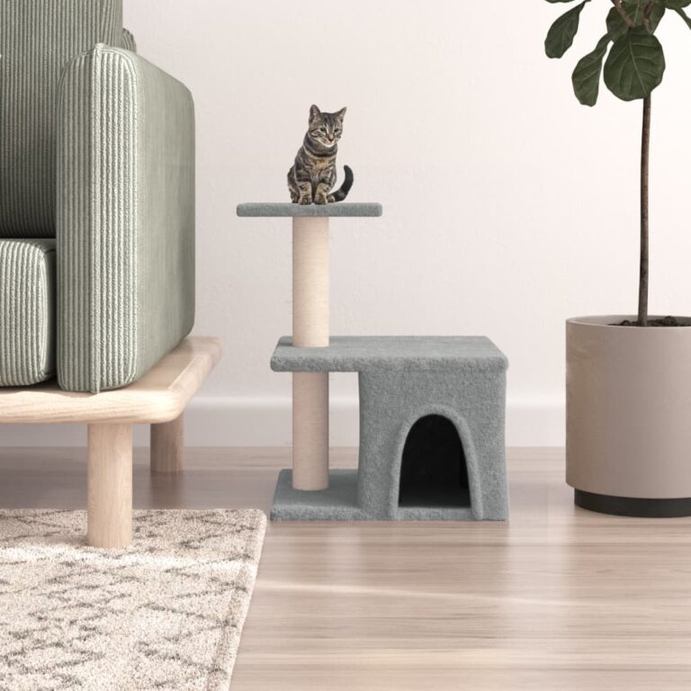Multi-Level Cat Tree Tower with Sisal Scratching Posts Plush Hideaway Light Grey