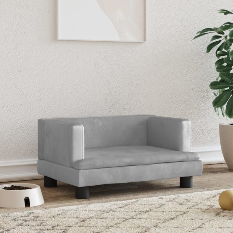 Comfy Pet Sofa Bed Soft Velvet Dog Couch Sturdy Pine Wood Frame Light Grey