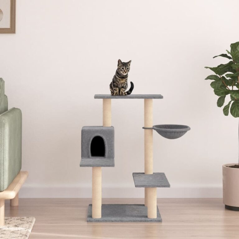 Multi-Level Cat Tree Tower with Sisal Scratching Posts Plush Basket Light Grey