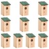 Set of 10 Solid Firwood Bird Houses with Green Roof  Metal Hanger  Perfect Garden Ornament