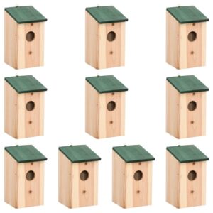 Set of 10 Solid Firwood Bird Houses with Green Roof  Metal Hanger  Perfect Garden Ornament