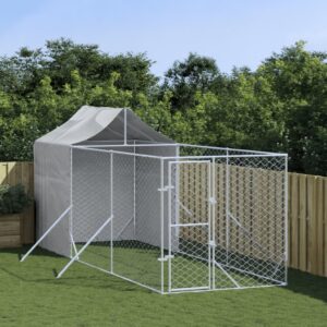 Spacious Outdoor Dog Kennel with Protective Roof  Galvanised Steel  Lockable Door  Silver