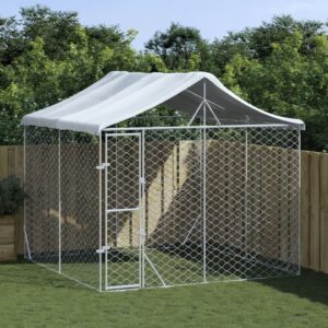 Outdoor Dog Kennel with Protective Roof  Galvanised Steel  Spacious  Lockable Door  Silver