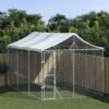 Spacious Outdoor Dog Kennel with Protective Roof  Galvanised Steel  Lockable Door  Silver