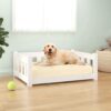 Luxury Solid Pine Wood Pet Bed White Rectangular Elevated Dog Sofa Cozy Home