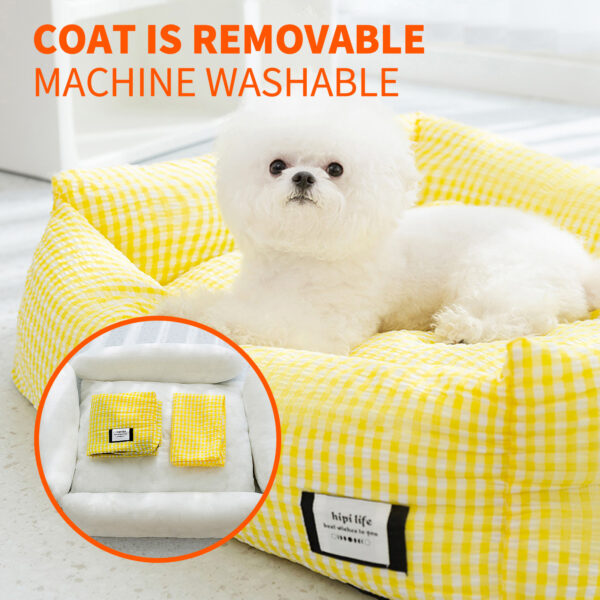 Pawfriends Pet Bed Puppy Dogs Square Yellow Check Basket Removable Washable Dog Cat Cushion Pet Sleeping Kennel  Washable Dog Bed  Comfortable  Breathable  Warm Dog Kennel