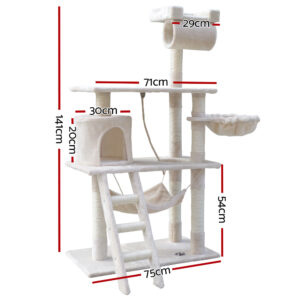 Cat Tree Tower 141cm Multi Level Scratching Post Condo Beige Hammock Bed