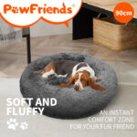 Dog Pet Cat Calming Bed Warm Plush Round  Nest Comfy Sleeping Bed Dark Grey 90cm