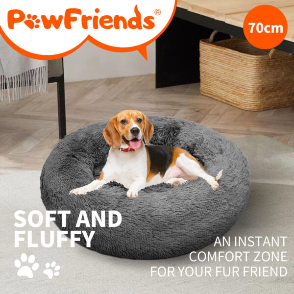 Dog Pet Cat Calming Bed Warm Soft Plush Round Nest Comfy Kennel Cave Dark Grey