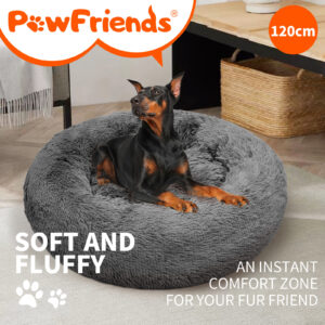 Dog Pet Cat Calming Bed Warm Soft Plush Round Nest Comfy Kennel Cave Dark Grey