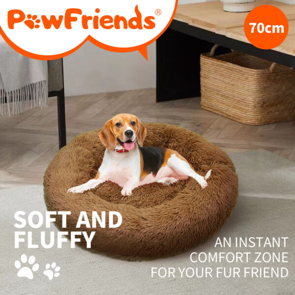 Pet Dog Bedding Warm Plush Round Comfortable Nest Sleeping kennel Coffee M 70cm