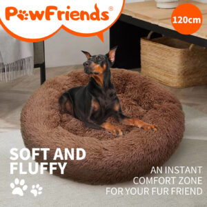 Pet Dog Cat Calming Bed Warm Plush Round Nest Sleeping Kennel Light Coffee