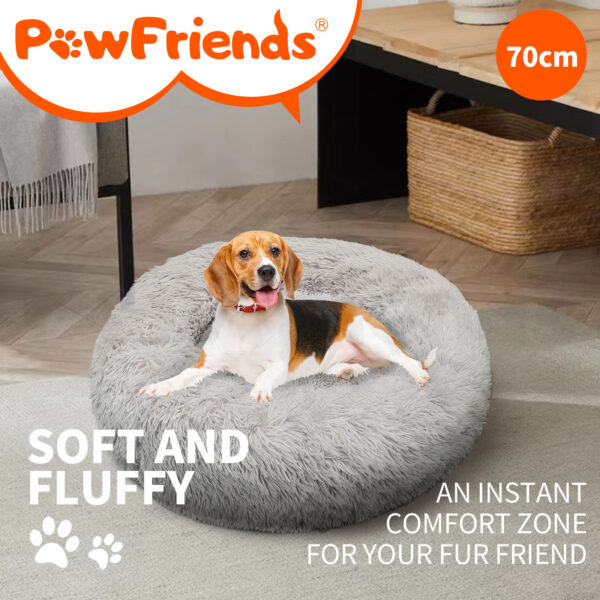 Pet Dog Cat Calming Bed Warm Plush Round Nest Comfy Sleeping kennel Light Grey