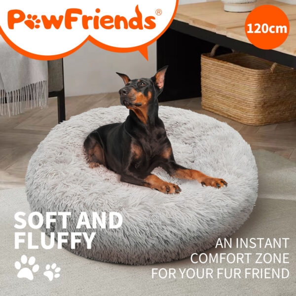 Pet Dog Cat Calming Bed Warm Plush Round Nest Comfy Sleeping kennel Light Grey