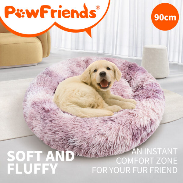 Dog Cat Pet Calming Bed Warm Soft Plush Round Nest Comfy Sleeping Kennel Cave 90