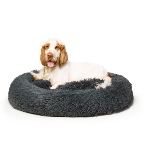 Calming Dog Bed Medium Grey Soft Washable Faux Fur for Relaxation and Comfort